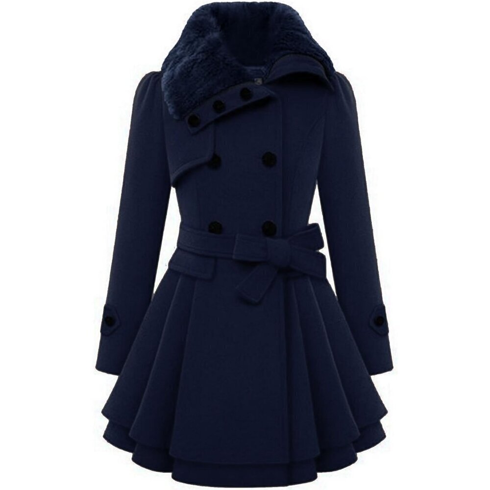 🆕Women's Navy Blue Zeagoo Winter Trench Coat Faux Fur Lapel Double Breasted